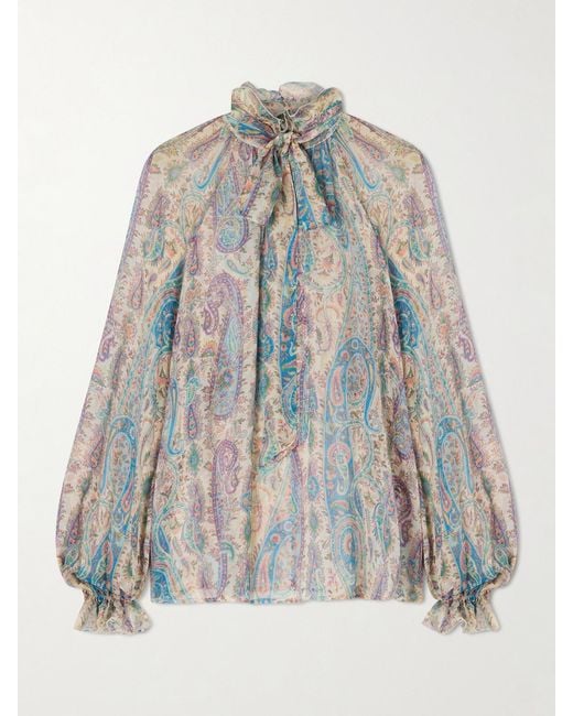 Etro Blue Pussy-Bow Ruffled Paisley-Print Silk-Crepon Blouse