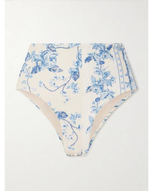 Agua Bendita Blue Bougainvillea Bead-Embellished Floral-Print Recycled Bikini Bottoms
