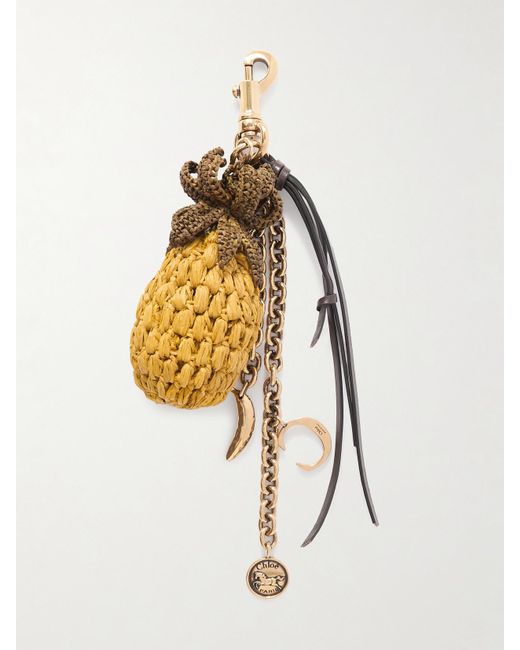 Chloé White Leather-Trimmed Metal And Raffia Keychain