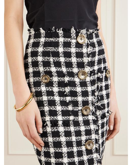 Balmain White Frayed Checked Cotton-Blend Tweed Midi Skirt