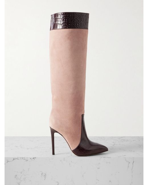 Paris Texas Croc-Effect Leather-Trimmed Suede Knee-High Boots in White ...