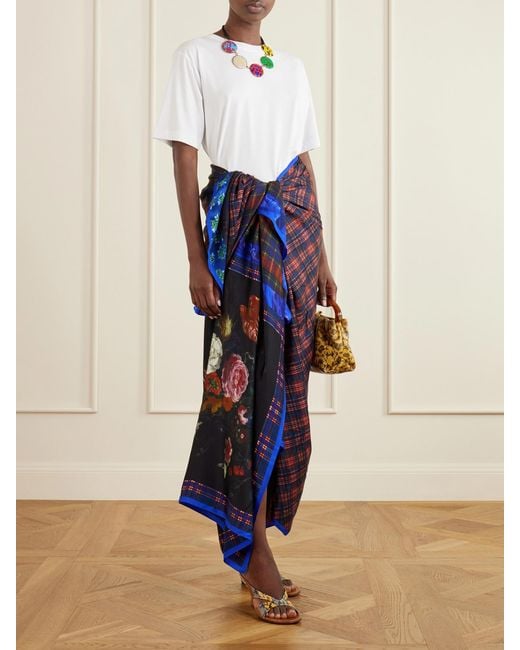 Dries Van Noten Blue Flara Printed Checked Twill Scarf