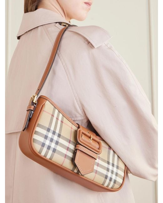 Burberry White Leather-Trimmed Checked Canvas Shoulder Bag