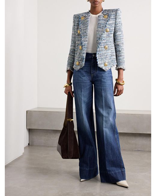 Balmain Blue Spencer Blazer Aus Tweed Aus Einer Baumwollmischung Mit Zierknöpfen Und Fransen