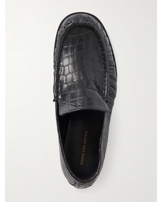 Dries Van Noten Black Croc-Effect Patent-Leather Loafers