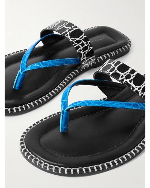 Dries Van Noten Blue Whipstitched Croc-Effect Leather Sandals
