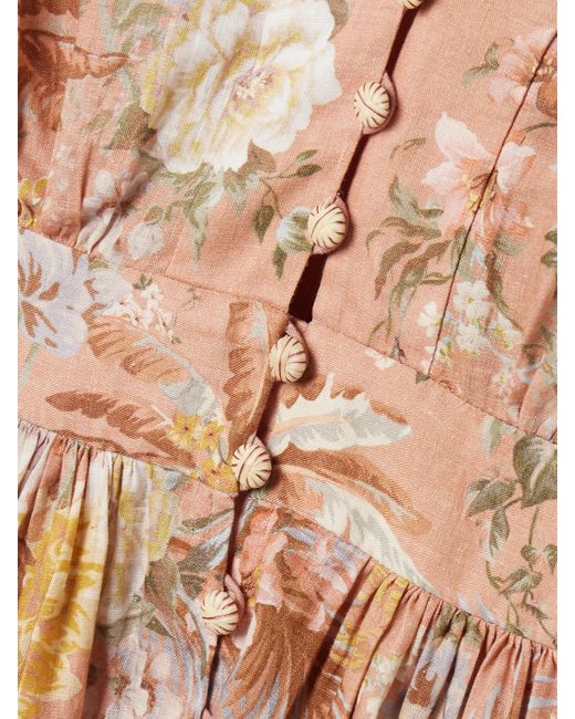 Zimmermann Pink Tallow Minikleid Aus Leinen Mit Blumenprint Und Falten