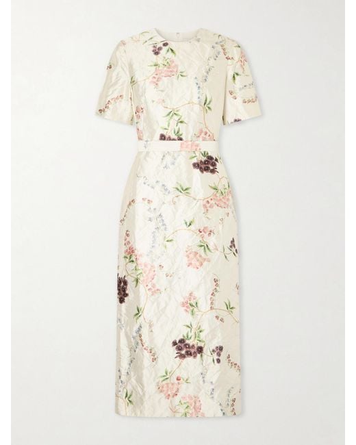 Erdem Natural Belted Floral-Print Crinkled Satin Midi Dress