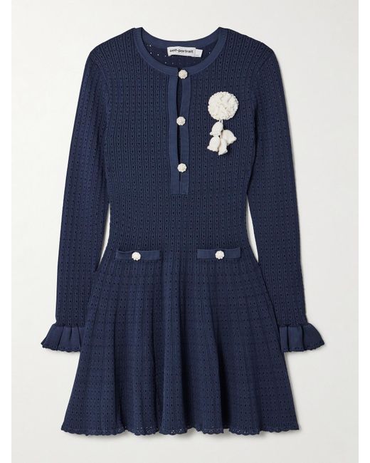 Self-Portrait Blue Minikleid Aus Pointelle-Strick Mit Verzierungen Und Rüschen