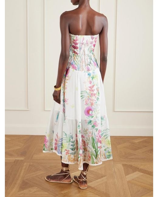 Charo Ruiz White Illyr Off-The-Shoulder Smocked Floral-Print Cotton-Blend Voile Midi Dress