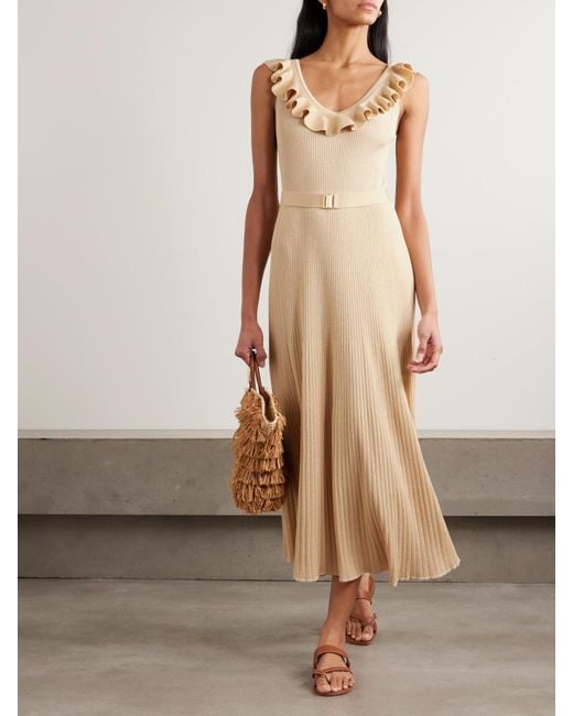 Zimmermann Natural Awaken Ruffled Belted Metallic Ribbed-Knit Midi Dress