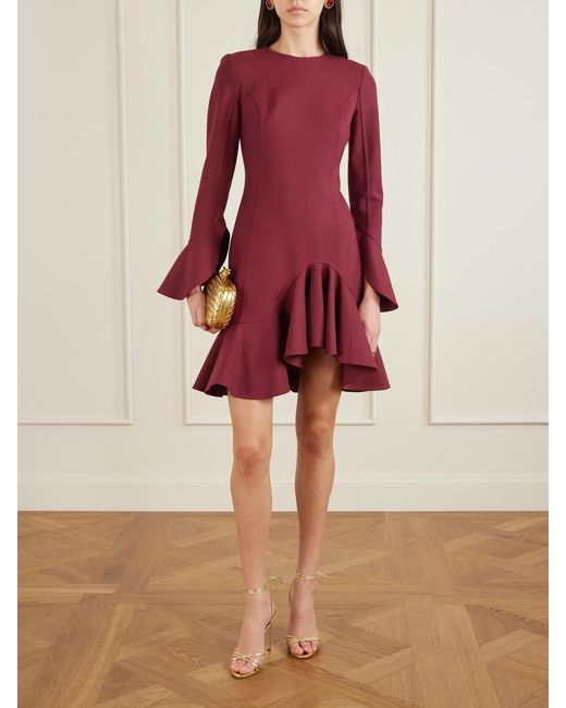 Oscar de la Renta Red Asymmetric Ruffled Wool-Blend Crepe Midi Dress