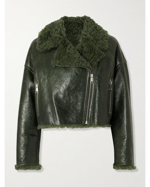 Yves Salomon Green Cropped Shearling Jacket