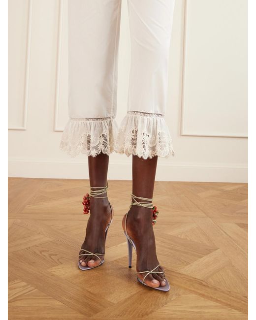 Saint Laurent White Cropped Ruffled Lace-Trimmed Cotton-Poplin Straight-Leg Pants