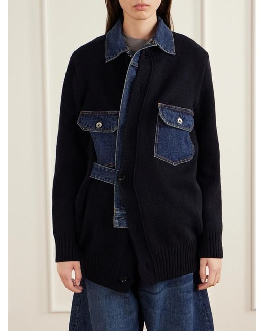 Sacai Blue Denim-Trimmed Wool-Blend Cardigan