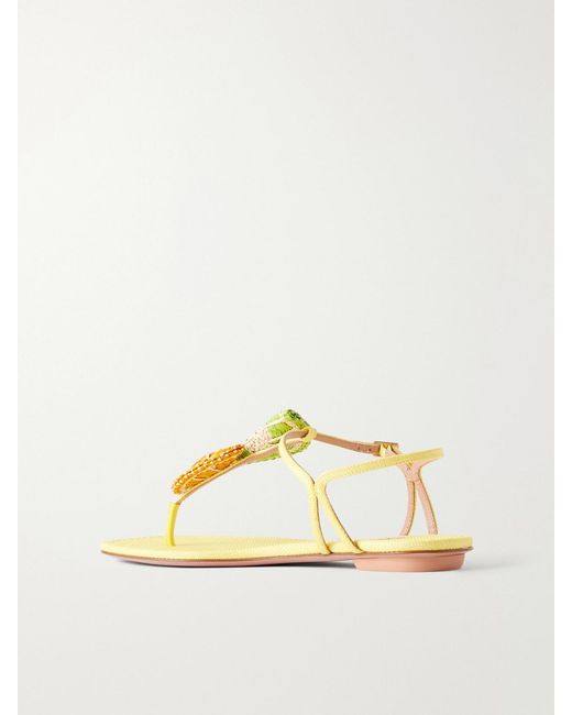 Aquazzura Metallic Embellished Raffia-Effect Thong Sandals