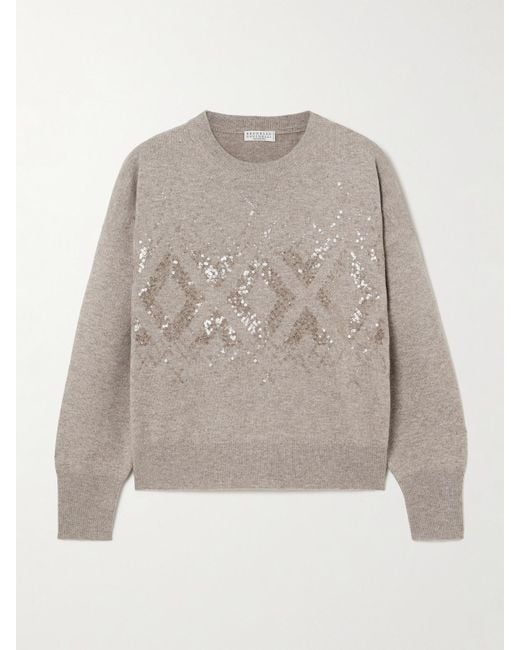 Brunello Cucinelli White Pullover Aus Einer Mischung Aus Wolle, Kaschmir Und Seide Mit Pailletten