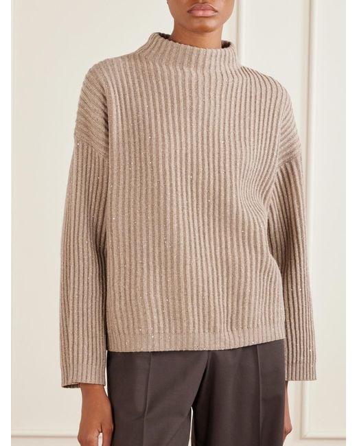Brunello Cucinelli Natural Sequin-Trimmed Ribbed-Knit Turtleneck Sweater
