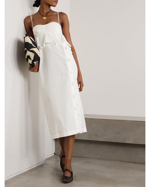Kika Vargas White Leymah Topstitched Ruffled Cotton-Poplin Peplum Midi Dress