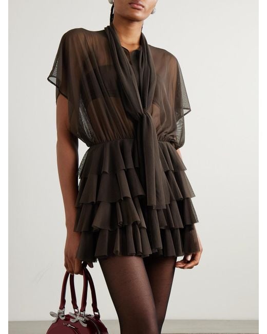 Norma Kamali Lauren Tie-Neck Ruffled Stretch-Mesh Mini Dress in Black |  Lyst Australia
