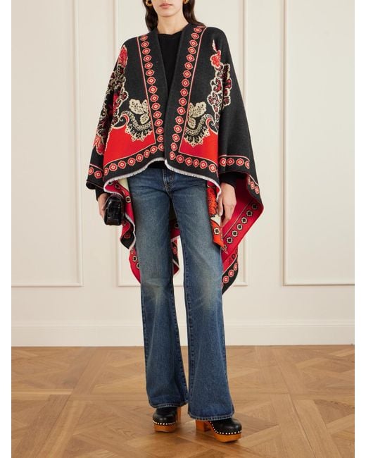 LaDoubleJ Red Soul Frayed Wool And Silk-Blend Jacquard Poncho