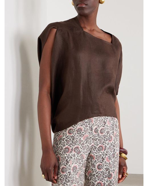 Loro Piana Brown Gaia Asymmetric Linen Blouse