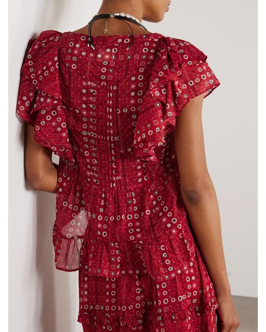 Isabel Marant Red Bluse Aus Bedrucktem Biobaumwoll-Voile Mit Rüschen