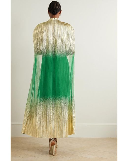 Dima Ayad Green Metallic Plissé-Tulle Gown And Cape Set