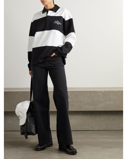 FRAME Black Ritz Paris Embroidered Striped Cotton-Jersey Polo Shirt
