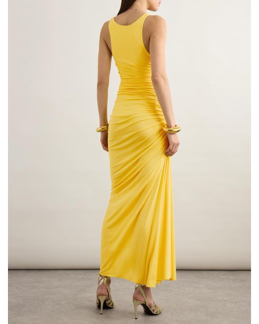 Alaïa Yellow Gathered Stretch-Jersey Midi Dress