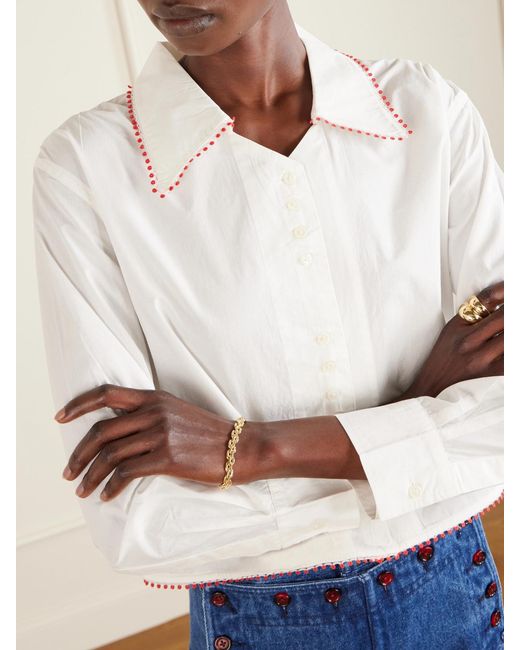 Bode White Redbud Cropped Embroidered Cotton-Poplin Shirt