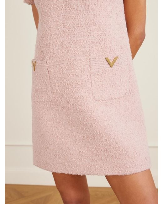 Valentino Garavani Pink Bow-Detailed Embellished Wool-Blend Bouclé Mini Dress