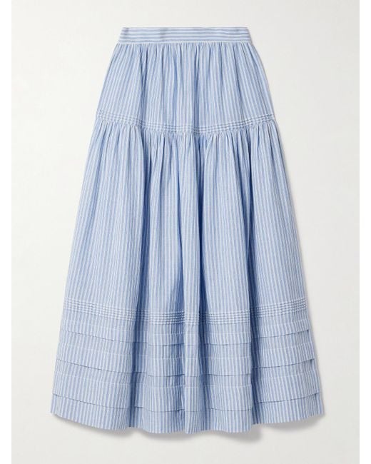Doen Blue Sebastiane Tiered Striped Organic Cotton-Voile Midi Skirt