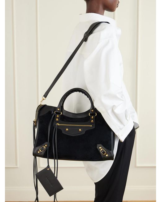 Balenciaga Black Le City Studded Leather-Trimmed Suede Shoulder Bag