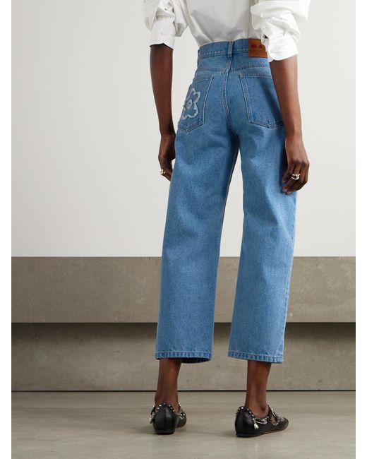 Marni Blue Cropped Appliquéd Mid-Rise Straight-Leg Jeans