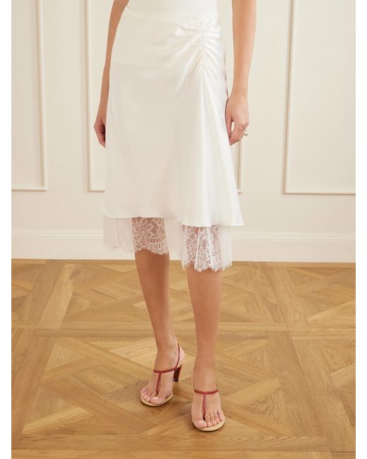 Sir White Ingrid Layered Gathered Lace-Trimmed Satin Midi Skirt