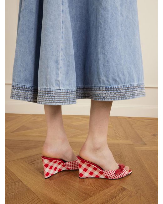 Jimmy Choo Red Livi 85 Leather-Trimmed Checked Wedge Mules