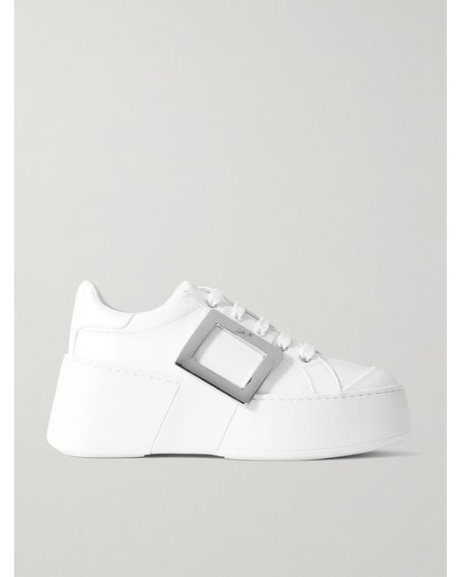 Roger Vivier White Viv' Skate Embellished Leather Sneakers