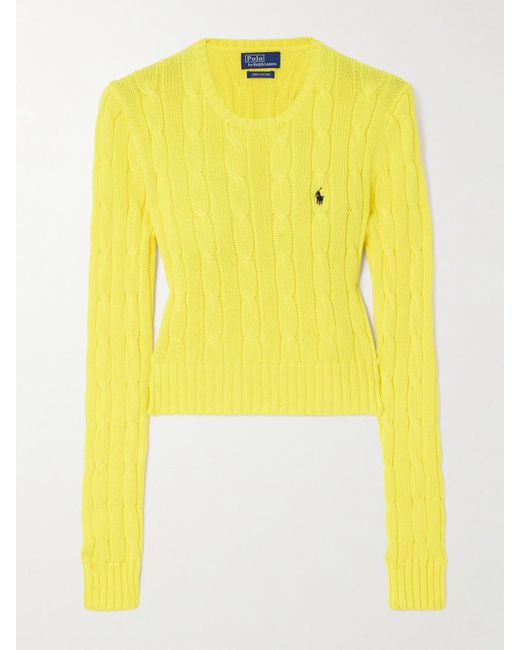 Polo Ralph Lauren Yellow Verkürzter Zopfstrickpullover Aus Baumwolle Mit Logostickerei