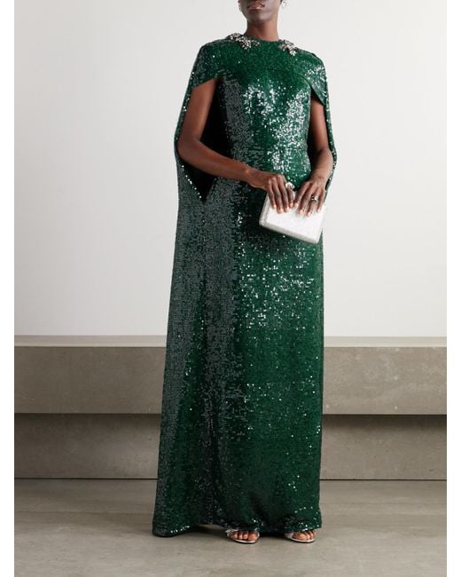 Erdem Green Robe Aus Crêpe Mit Kristallen, Pailletten Und Cape-Effekt