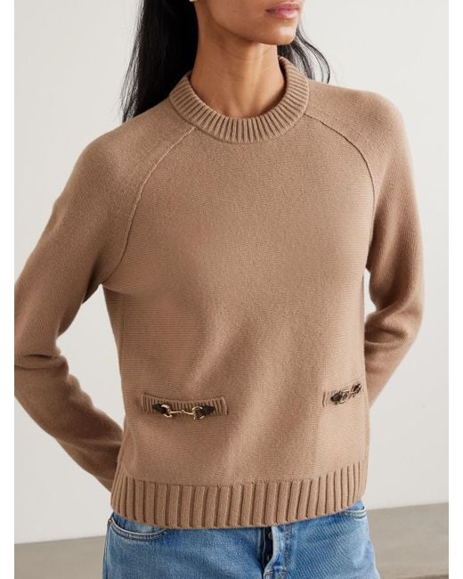 Gucci Natural Pullover Aus Einer Woll-Kaschmirmischung Mit Lederbesätzen Und Horsebit-Details