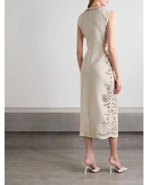 Oscar de la Renta Natural Crystal-embellished Broderie Anglaise Wool-blend Crepe Midi Dress