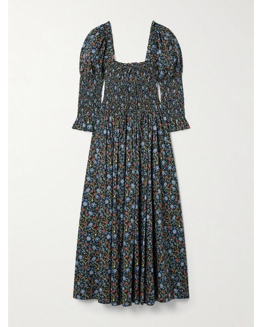 Doen Blue Bijou Shirred Floral-Print Organic Cotton-Voile Midi Dress
