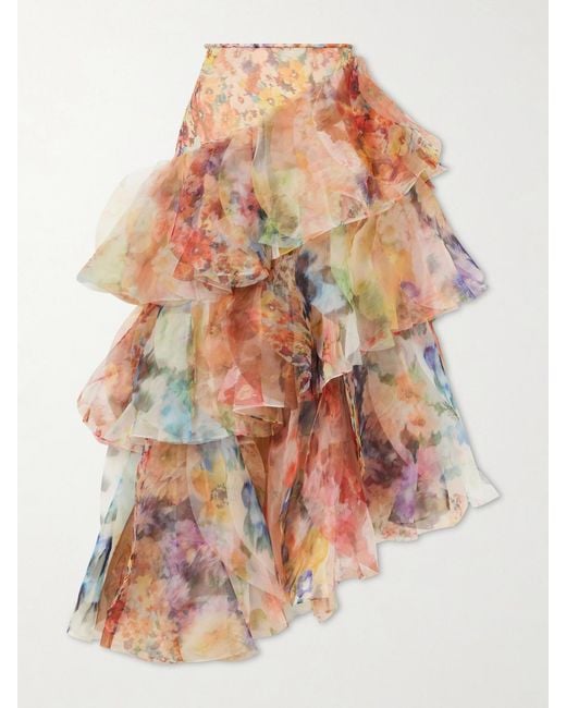 Zimmermann Pink Luna Ruffled Chiffon Midi Skirt