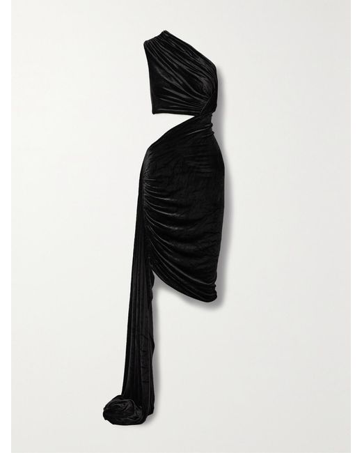 Rick Owens Black Ophelia One-Shoulder Cutout Draped Velvet Mini Dress