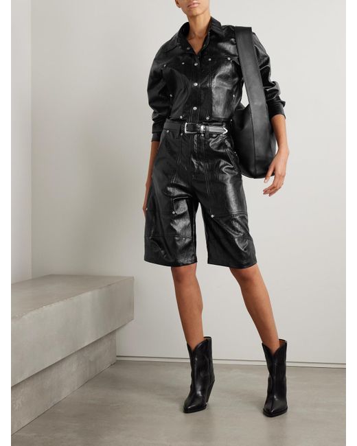 Isabel Marant Black Azilia Crinkled-Faux Leather Shorts