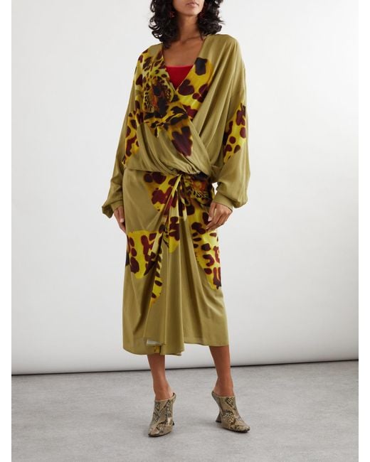 Dries Van Noten Yellow Gathered Printed Wrap-Effect Satin Midi Skirt