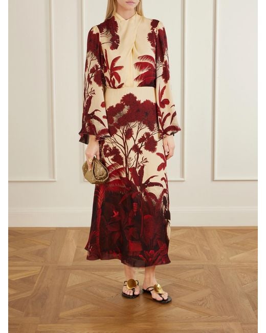 Johanna Ortiz Red Maiden Voyage Floral-Print Silk-Georgette Midi Dress