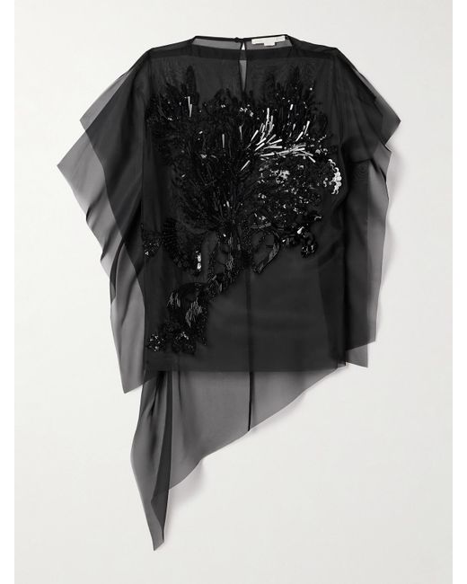 Jason Wu Black Asymmetric Embellished Organza Top