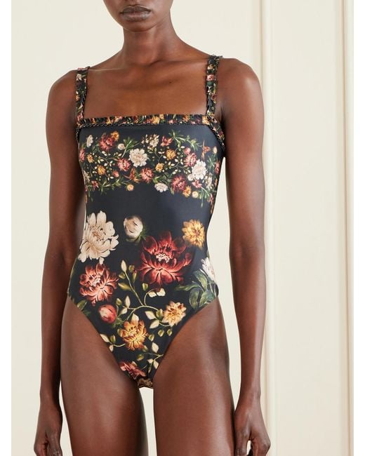 Agua Bendita Multicolor Limón Paramo Ruffled Floral-Print Swimsuit